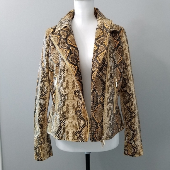 T TAHARI Snake Print Faux Leather Moto Jacket S - Picture 6 of 16